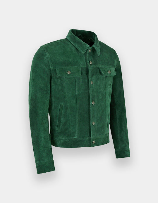 Men's Green Suede Leather Shirt - Handmade Sheepskin Jacket Shirt, Trucker Suede Jacket
